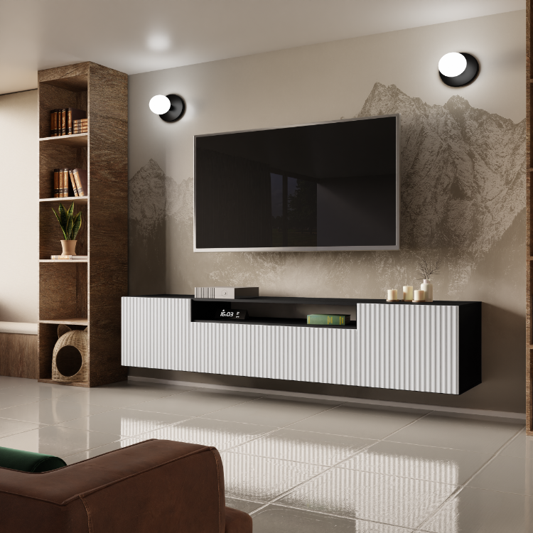 Szafka Na Buty RTV Wisząca 200x40x41 Czarno-Biała Laminowana Szafka Na Buty RTV Wisząca 200x40x41 Czarno-Biała Laminowana